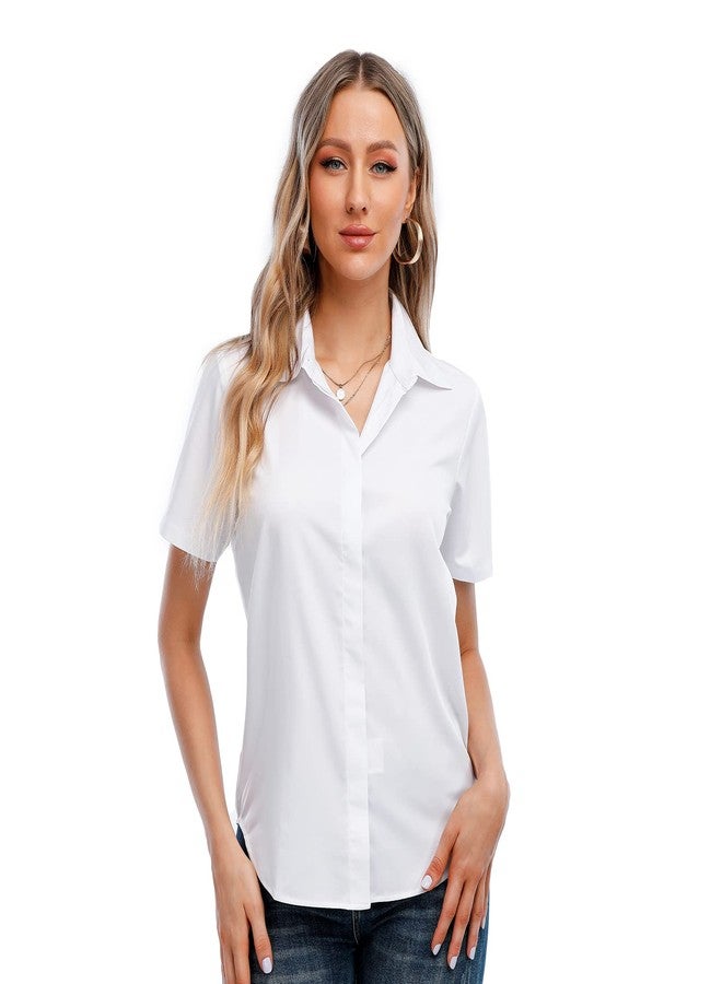 SUNNOW Women's Classic Fit Wrinkle Free Short Sleeve Basic Button Down Shirt Formal Work Office Shirt (M,White) - Image 3